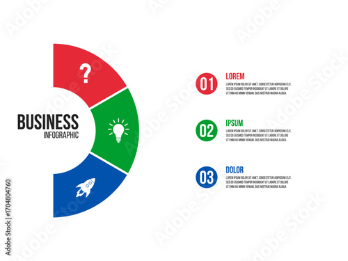3 steps half circle sectors chart, cycle diagram inforgaphic, report or presentation vector template, business process illustration