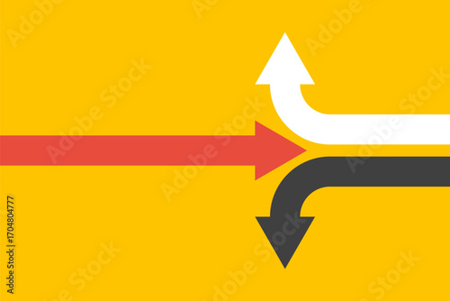 red arrow split counter arrows to different sides, big leader vector concept, yellow background illustration