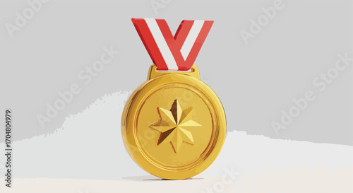 Gold Medal with Red and White Ribbon Award Winning Achievement Concept