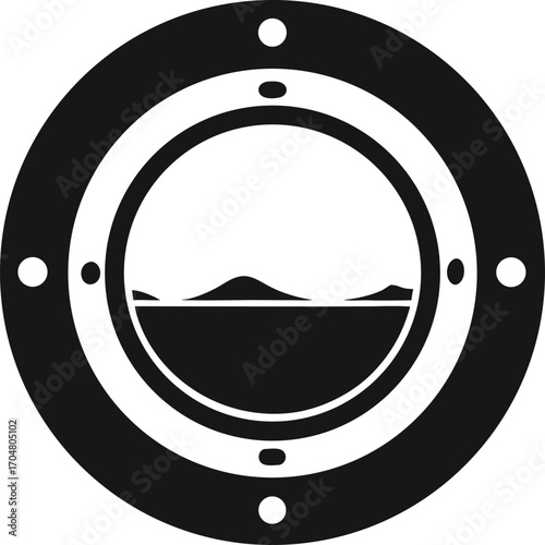 Porthole view with sea horizon in circular frame