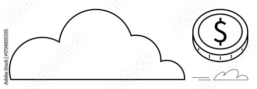 Cloud with adjacent coin and motion lines conveying digital cloud services, economic growth, savings, and finance. Ideal for technology, business, investment, finance, innovation startups