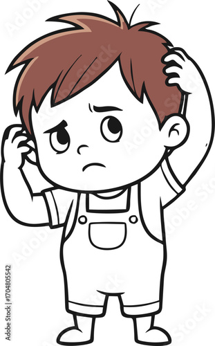 Cartoon Boy with Confused Expression in Bib Overalls