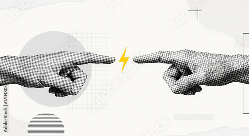 Creative Tension Halftone Hands Reaching Across Abstraction Sparks of Inspiration Connection and Innovation in Graphic