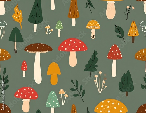 Cute mushroom pattern on muted green background