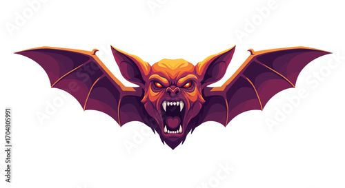 Aggressive demonic bat with glowing red eyes and snarling fangs. Stylized vector illustration of a scary fantasy monster for a tattoo or emblem