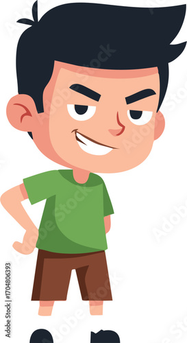 Cartoon Boy with Dark Hair, Green Shirt, and Mischievous Smirk