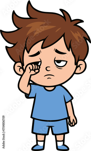 Cartoon Boy with Sleepy Expression Rubbing His Eye in Blue Outfit