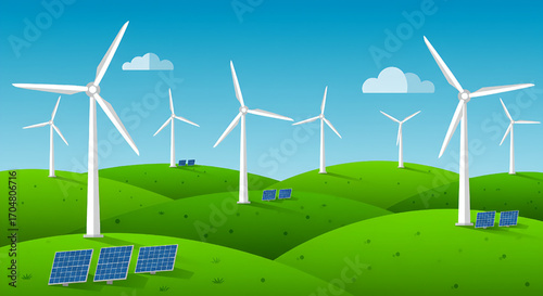 Green energy wind turbines and solar panels on a sunny hillside landscape