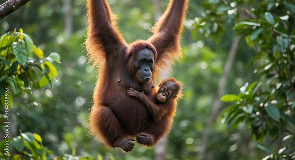 Naklejka premium An adorable orangutan mother hangs from a tree branch, tenderly cradling her baby in the lush green rainforest. A beautiful moment of wildlife and maternal bond.