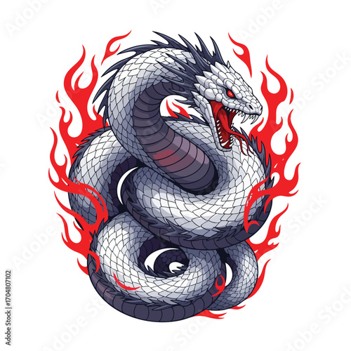 Mythical coiled white serpent with black scales and an open mouth engulfed in red flames.