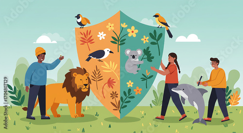 Protecting Animals and Environment with Shield, People and Wildlife Illustration