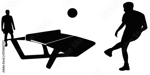 silhouettes of two men playing teqball on a curved table, one poised to kick the ball while the other awaits the return.