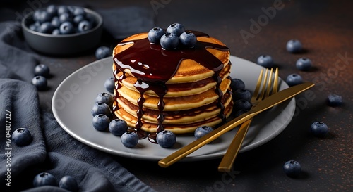 Delicious Stacked Pancakes with Blueberries and Chocolate Sauce.