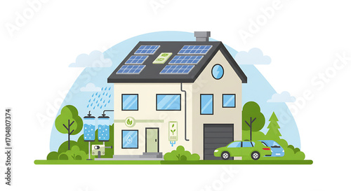 Eco-Friendly Home with Solar Panels and Electric Car, Sustainable Living Concept
