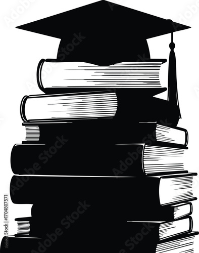 Graduation cap on a stack of books, symbolizing education, knowledge, and academic achievement represents the culmination of learning and hard work