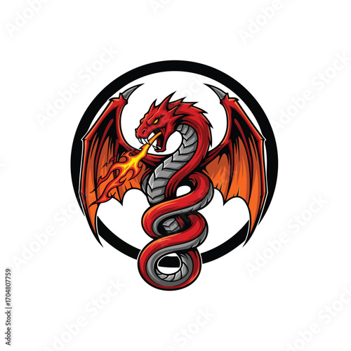 Mythical red dragon logo with a coiled serpentine body open wings and breathing fire.