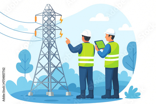 Electric Power Line Maintenance with Engineers Monitoring High Voltage Tower Illustration