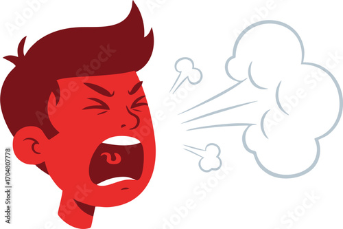 Cartoon Red-Faced Man Screaming with Exaggerated Steam Cloud Emission
