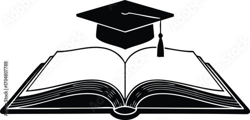 Graduation cap on an open book, symbolizing academic achievement, knowledge, and the pursuit of education in a simple yet powerful illustration
