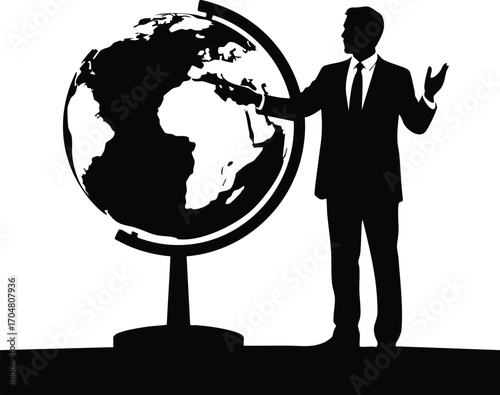 Silhouette of a businessman presenting global business strategy using a globe, he is pointing at the globe, explaining the global market and opportunities