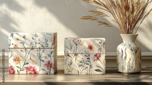 Decorative floral boxes and vase