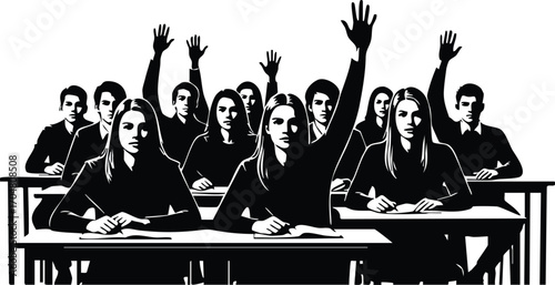 Silhouette of students raising their hands in a classroom, this image represents active learning, participation, and engagement