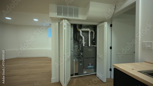 Closet with HVAC furnace system, air conditioner and heating system at home. 