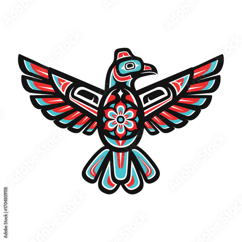 Stylized Pacific Northwest Indigenous art of a thunderbird with spread wings in red and turquoise.
