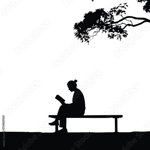 Silhouette of a person reading a book under a tree, capturing a moment of tranquility, reflection, and the pleasure of literature in nature