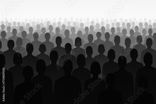 Silhouetted crowd in layered gray tones, darker in front and lighter in back, forming a dense gathering against a light gradient background, symbolizing unity or anonymity.