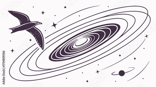 A Bird Soaring Through a Cosmic Spiral Galaxy