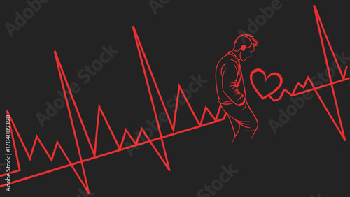 A Sad Mans Heartbeat Depicted in Red Lines and Heart Symbol