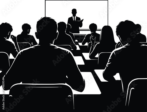 A classroom scene featuring students sitting at desks facing a teacher standing in front of a whiteboard, all depicted in silhouette against an