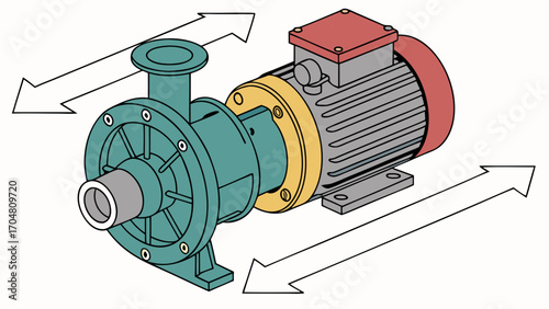 Detailed Illustration of a Water Pump with Directional Arrows Indicating Flow
