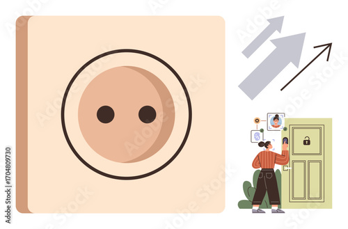 Woman using face recognition on smart lock. Large abstract socket shape, arrows for progress, modern technology. Ideal for smart home, security, innovation, safety tech privacy. Simple flat