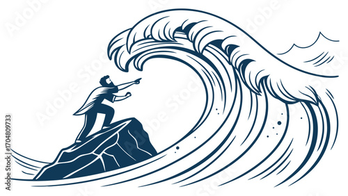 Determined Figure Facing a Powerful Wave