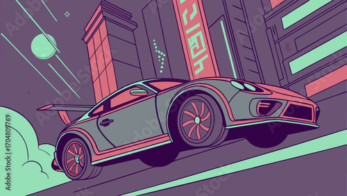 Futuristic Sports Car Soaring Through a NeonLit Urban Landscape