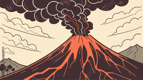 Erupting Volcano with Dark Smoke and Orange Lava Flow