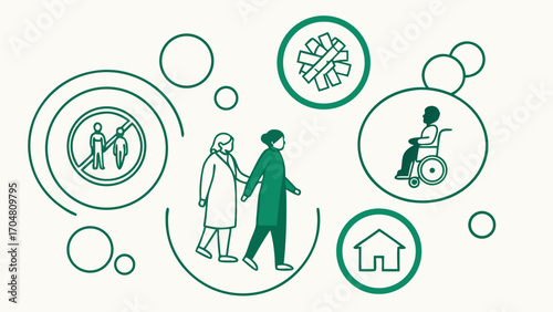 Green Line Art Caregiver and Patient Walking with Home Health Icons