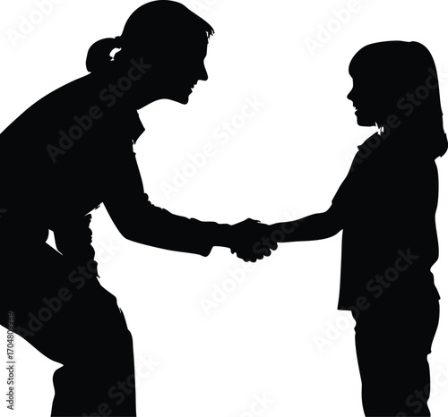 Silhouette of a mother and daughter shaking hands, the image represents agreement, understanding, and connection between generations