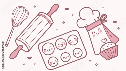 Kawaii Baking Tools Whisk Rolling Pin Muffin Tin Chef Hat and Cupcake