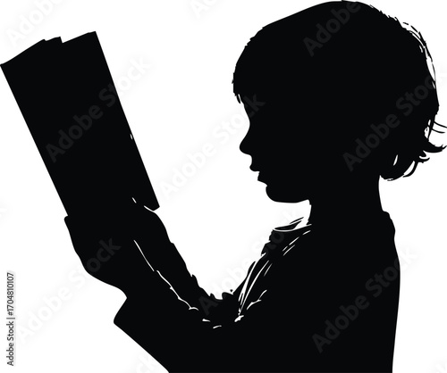 Silhouette of a child reading a book, represents childhood, education, and imagination suitable for themes related to children, learning, and literacy