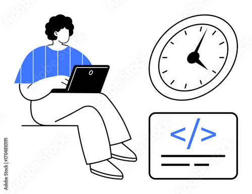 Person using laptop, clock for time, and coding elements visualizing productivity, development, and deadlines. Ideal for tech, freelancing, education, time management software future work styles