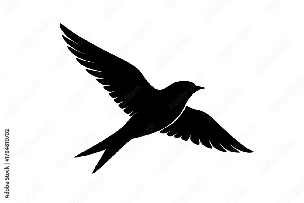 Obraz premium Black silhouette of a bird in flight with wide wings and extended tail feathers, set against a plain white background, symbolizing freedom, grace, and movement.