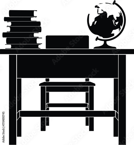 A black and white silhouette of a desk with books and a globe, creating a classic school scene perfect for educational materials and backtoschool themes