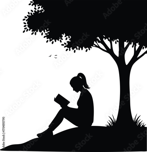 A silhouette of a girl reading a book under a tree, , capturing a moment of tranquility, knowledge, and connection with nature in a simple design