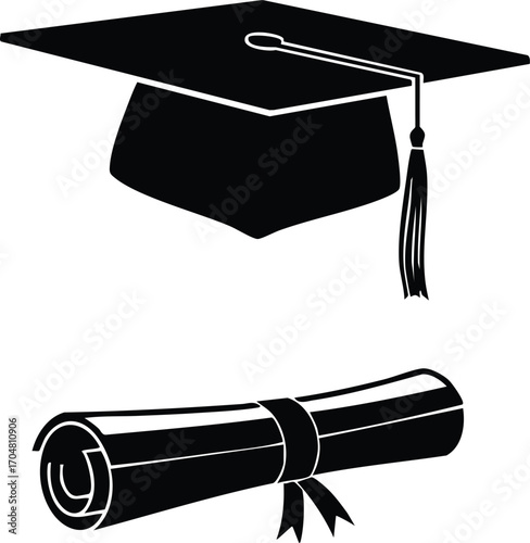 Graduation cap and diploma scroll, the image symbolizes academic achievement, graduation, and the culmination of studies