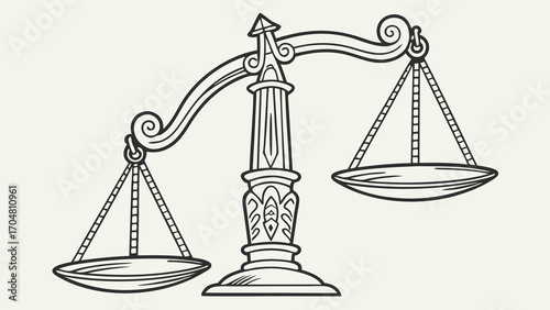 Ornate Black and White Illustration of a Justice Scale