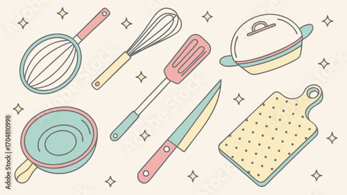 Pastel Kitchen Utensils Whisk Spatula Knife Pan Pot and Cutting Board