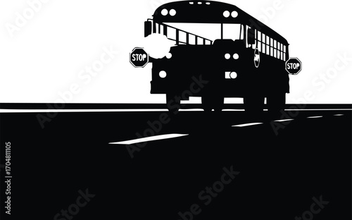 A black and white illustration of a school bus driving down a road, the bus is silhouetted against the, and the road is dark